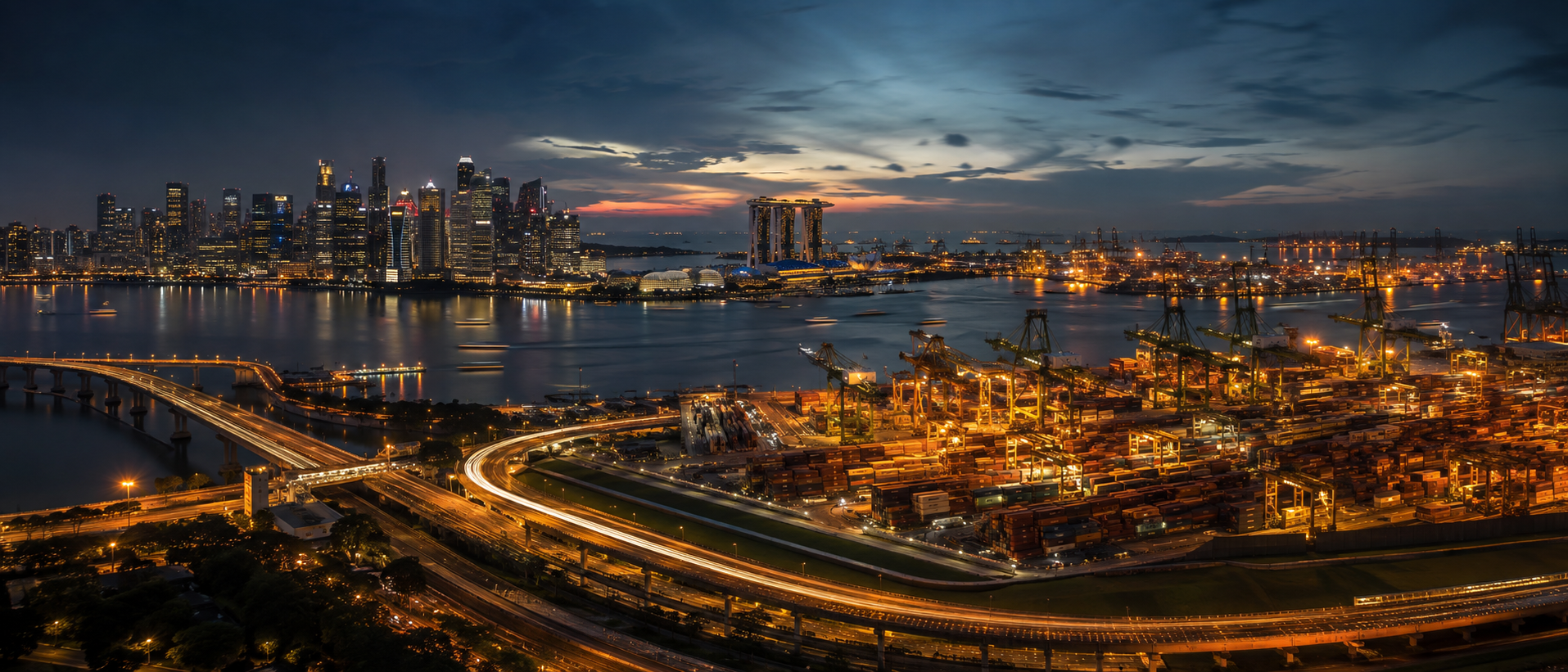 Singapore's international trade and business gateway at blue hour