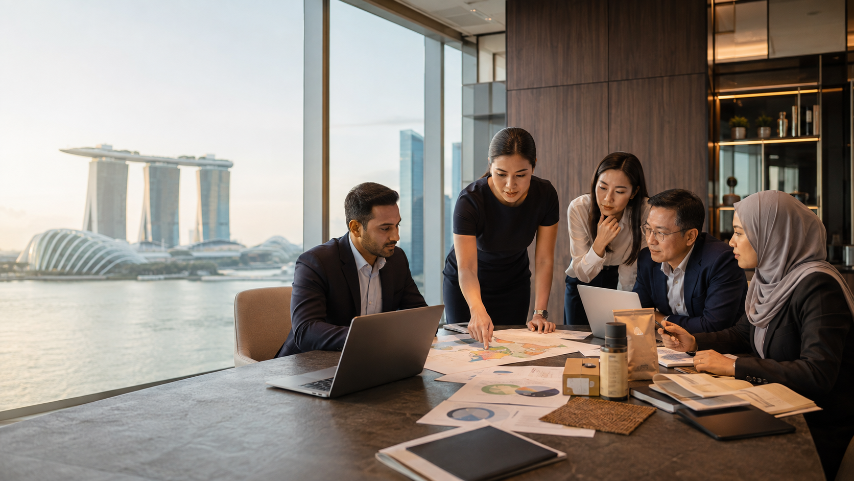 International SME leaders reviewing market plans and product samples in a Singapore workspace