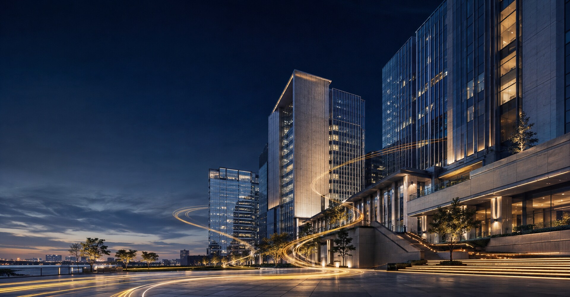 Contemporary business district illuminated by golden paths, representing connected growth corridors